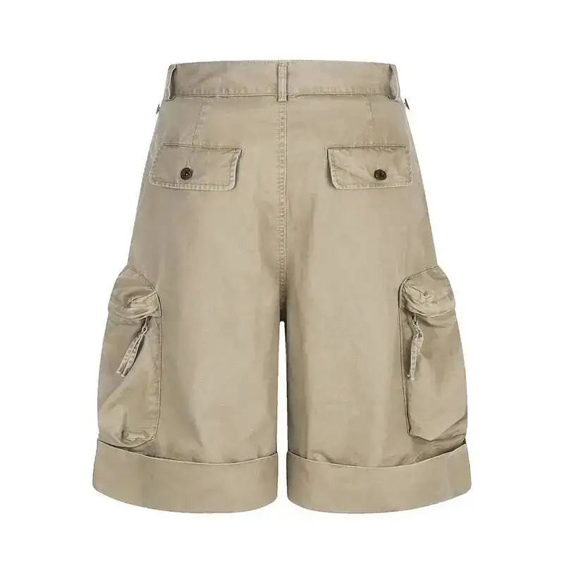 Black High Quality Men's Casual Cargo Shorts Loose Fit Multi Pocket Distressed Cuffed Design Daggy Knee Length Pants VFGT6