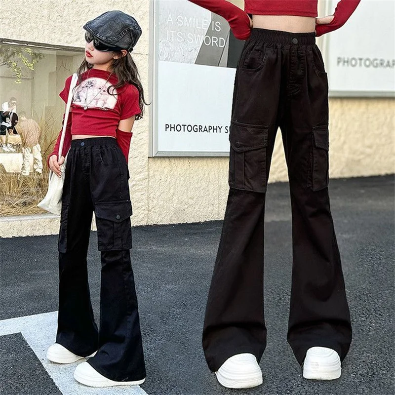 Kids Slightly Flared Cargo Pants Children Spring Fashion Outdoor Large Pockets Trousers Girls Casual Versatile Clothes 5-14Y
