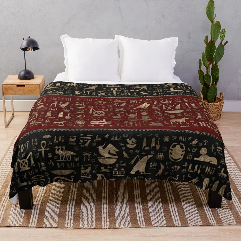 

Ancient Egyptian hieroglyphs - Black and Red Leather and goldThrow Blanket double plush blanket