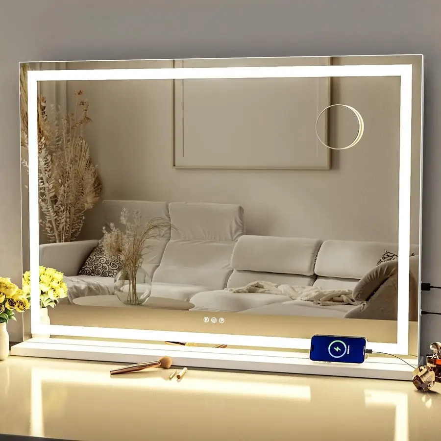 

Vanity Mirror with Lights 32 x 24 Large LED Makeup Mirror, Light up Mirror with 10X Magnification and USB Charging Port, Dimmabl