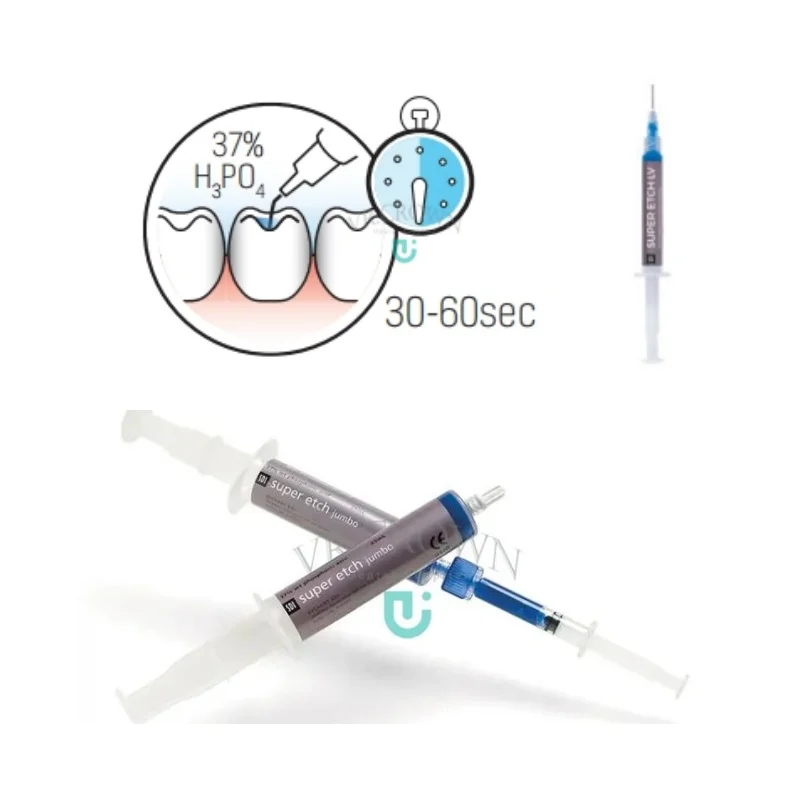 

Super Etch 37% WT Phosphoric Acid Etchant Gel, Super Etch Syringe Kit 3x2ml Syringes with Tips LV Dental Super Etch