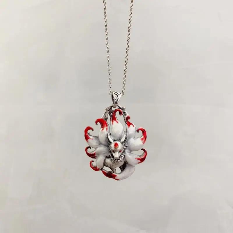 Chinese Style Nine Tailed Fox Pendant Necklace Multi Color Enamel Adorable Jewelry for Girls Sweet Date Outfit Matching Gift