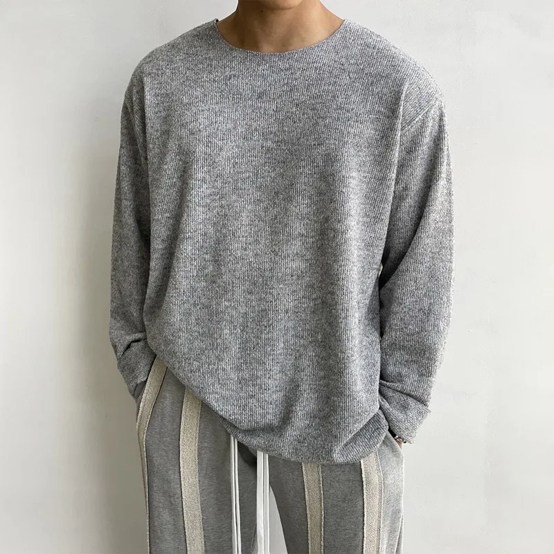 2026 Spring Fall Fashion Mens Knitting T Shirt Long Sleeve Crew Neck Knit Jumper Tops Men Vintage Solid Color Basic Knitted Tees
