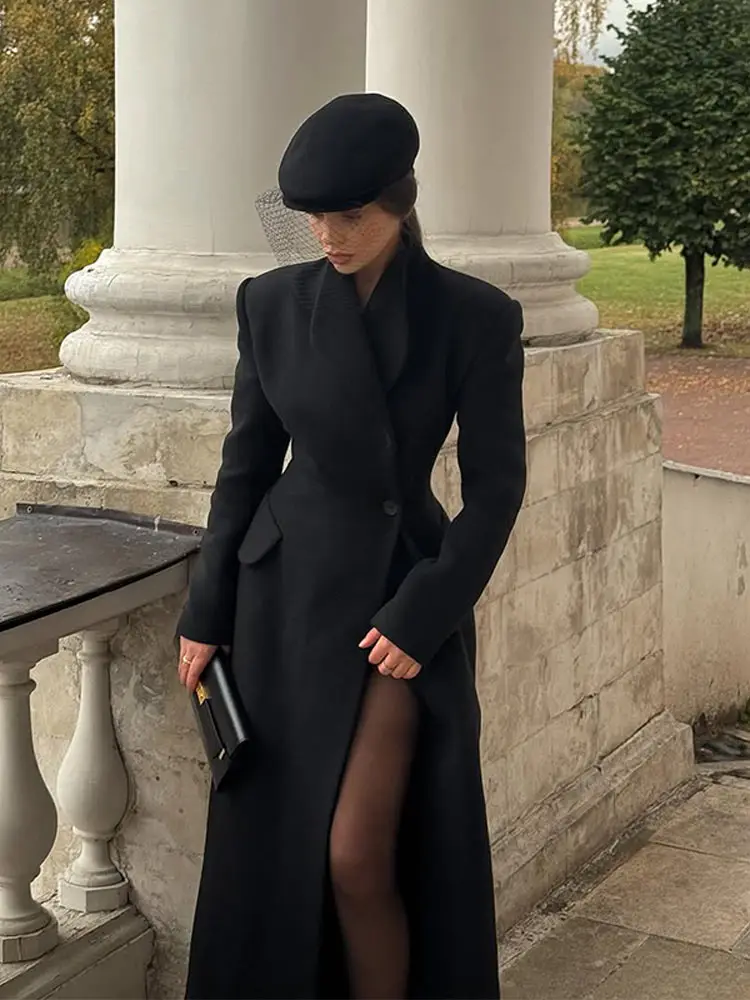 معطف صوفي نسائي أنيق أسود بزر واحد وياقة ثابتة معاطف طويلة ضيقة للسيدات لخريف وشتاء 2025 ملابس خروج نسائية أنيقة جديدة