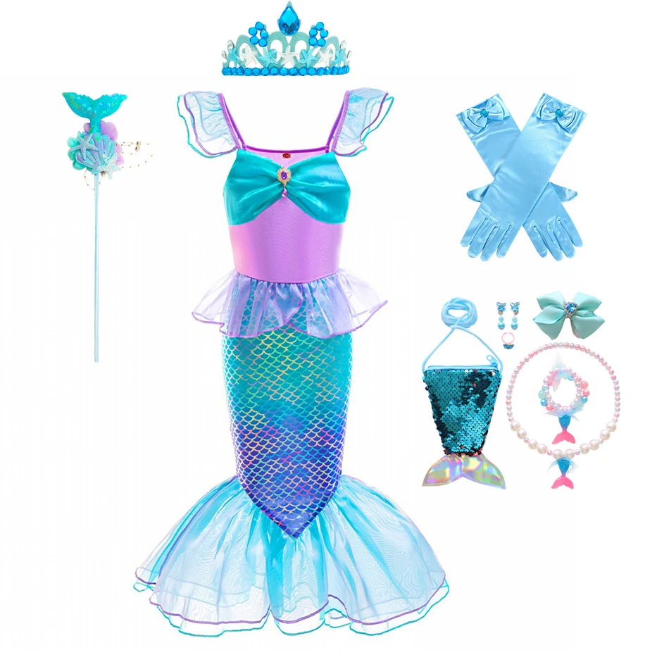 

Disney Ariel Princess Dress Little Mermaid Cosplay Costume Girls Birthday Party Fishtail Dress Kids Fancy Ball Gown For Carnival