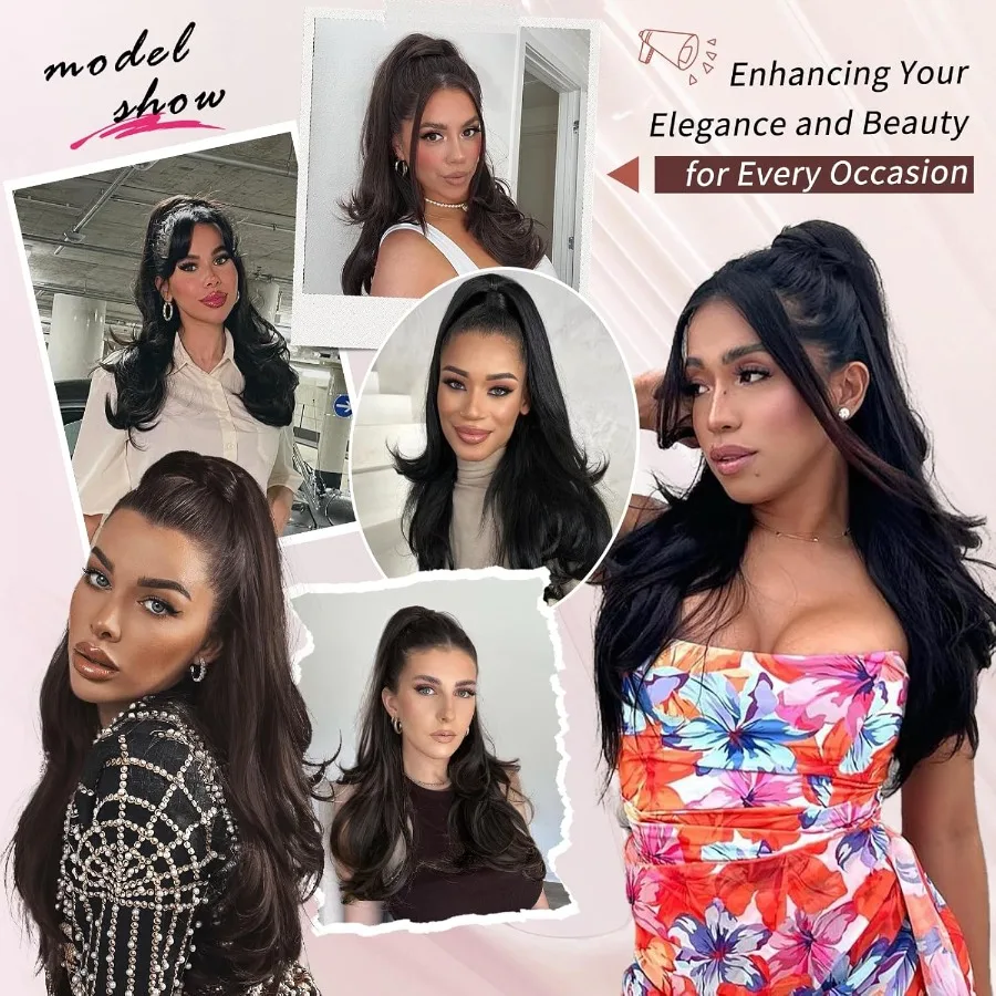 وصلة ذيل حصان بطول 26 بوصة بني داكن مموج بطبقات مع رباط للنساء قطعة شعر صناعية مثالية للاستخدام اليومي