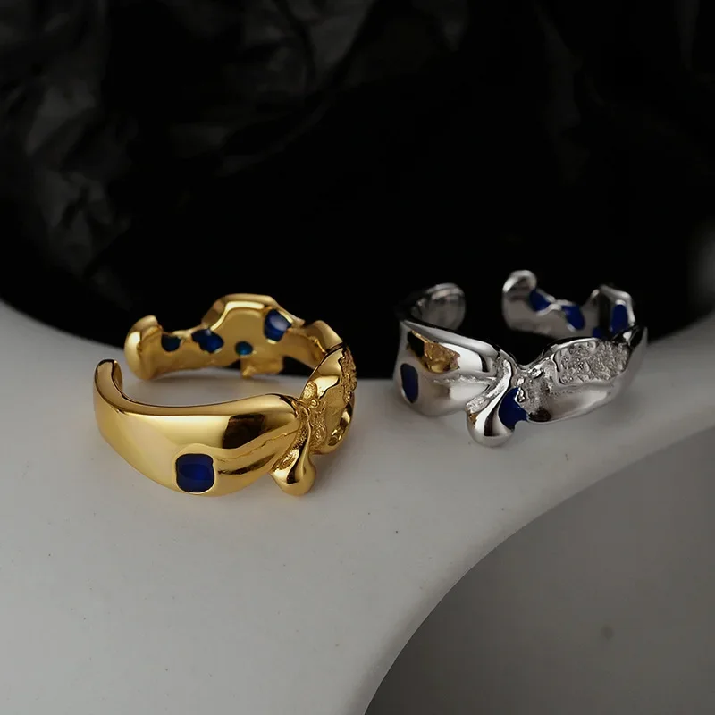 

Youth of Vigor Polished Irregular Texture Solid 925 Silver Ring Chunky Enamel Pattern Party Open Band Golden Rings R1254