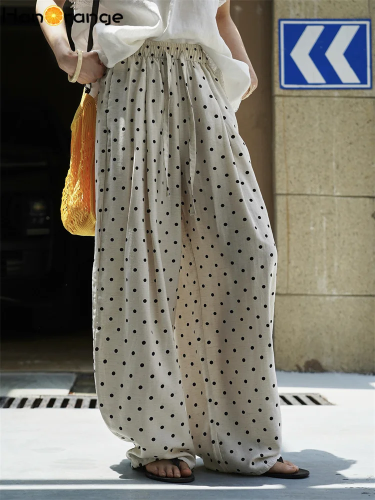 HanOrange 2025 ฤดูร้อน Retro ขี้เกียจผ้าลินิน Polka Dot กางเกงขากว้างผู้หญิงสูงเอวแขวนความรู้สึกกางเกงสีดํา/สีกากี