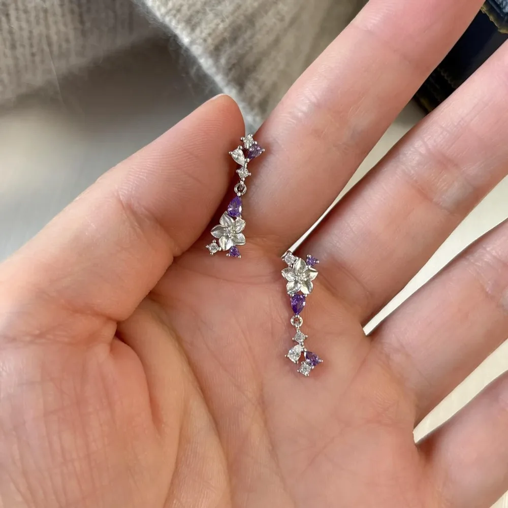 Luxury Temperament Shining Purple Droplet Zircon Flower 925 Sterling Silver Wisteria Flower Stud Earrings for Women Jewelry Gift
