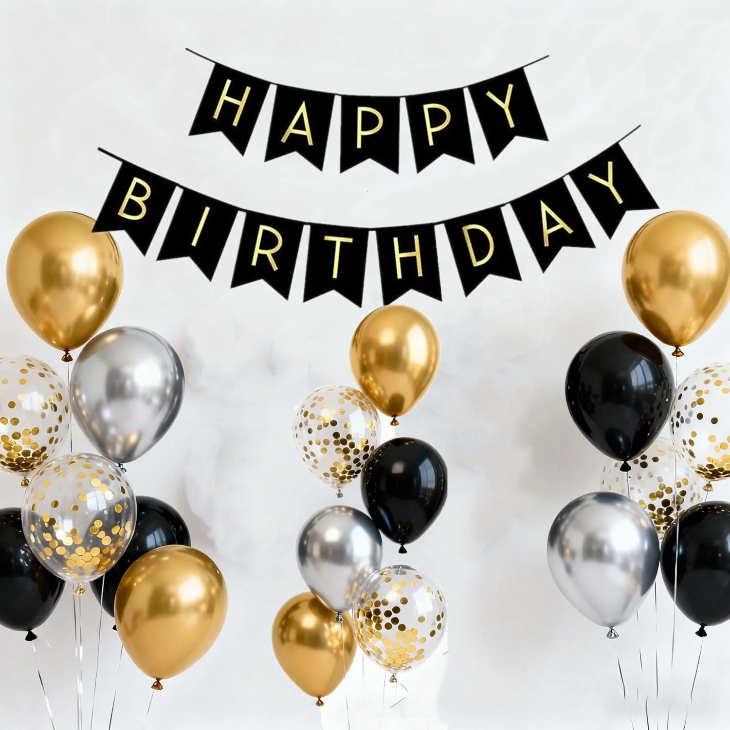 Happy Birthday Banner,33Pcs Black Silver confetti Birthday Party Decorations,Backdrop Decoration Supplies
