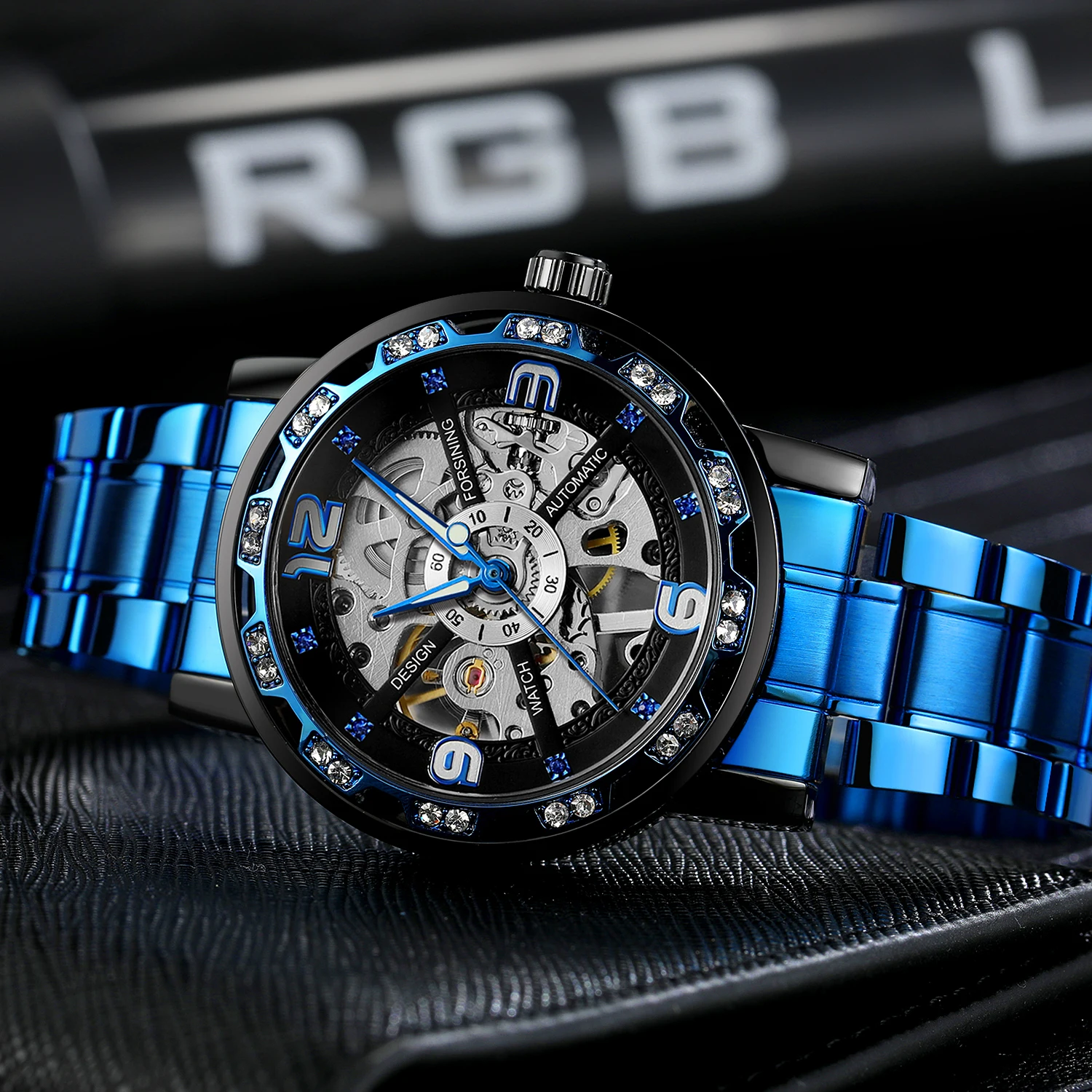 FORSINING Fashion Engraving Luxury Mens Watches Skeleton Mechanical Rhinestone Luminous Pointers Steel Business Man Wristwatches