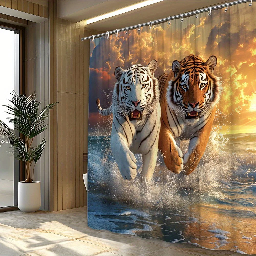Vibrant Anthropomorphic Tigers Ocean Shower Curtain - Fantasy Sunset Sky Design with White Tigers & Golden Collars, Polyester Fa