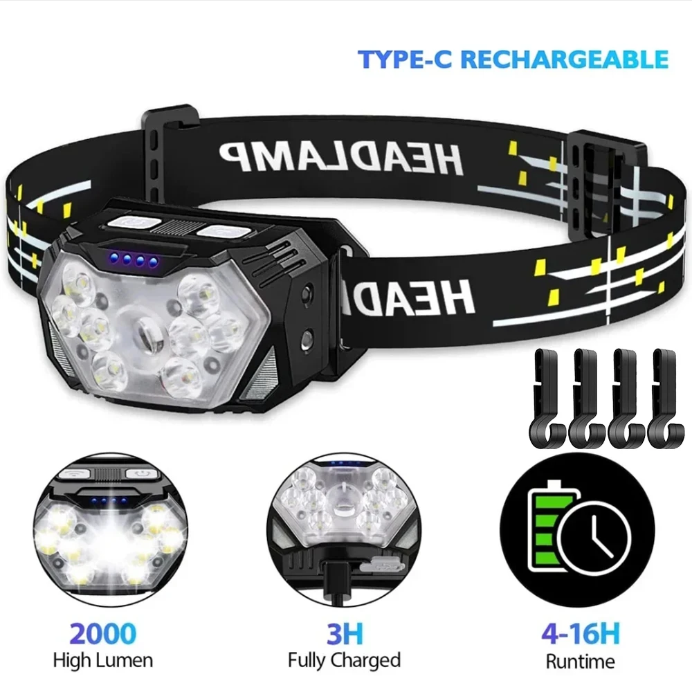 Super Bright 9 Led USB Rechageable Sensor Headlight with Built-in Battery Head Torch Outdoor Portable Camping Fishing Headlamp