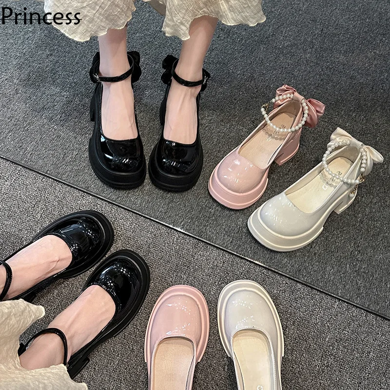 Pearl Small Leather For Women In Spring And Autumn 2024, New Soles With Skirts, High Single, Thick Heels, French Mary Jane