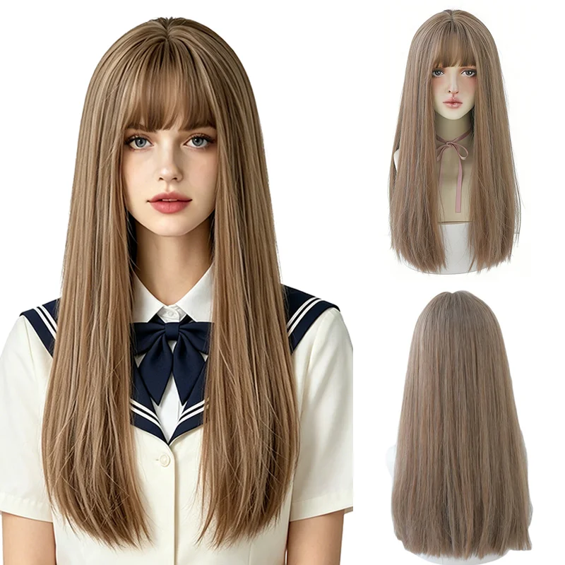 

Ash Milk Tea Brown Long Straight Wig For Women with Air Bangs Natural Hairline Glueless Full Head Wig Heat Resistant Daily Wear