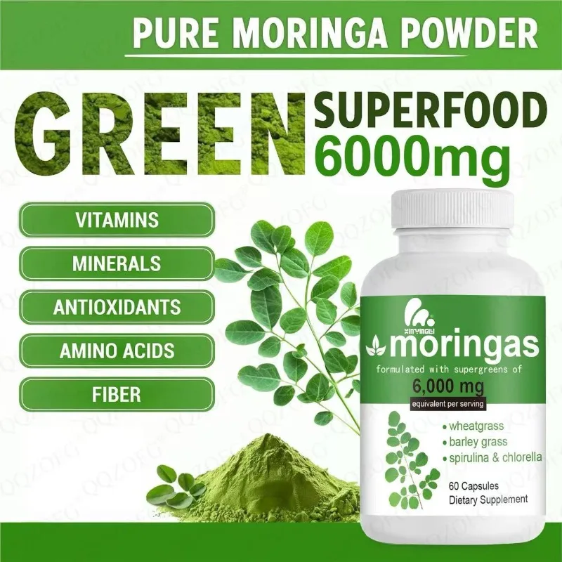 Cápsulas de Moringa de 6000 mg que contienen hierba de trigo, hierba de cebada, espirulina, clorofila, vitaminas, minerales, antioxidantes, soporte para la salud