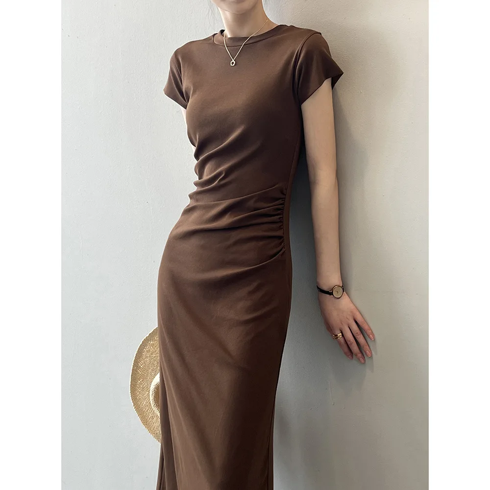 الصيف Bodycon فستان أنثى عادية مطوي سليم كم قصير س الرقبة فستان تي شيرت كوريا شيك خمر فستان سيدة