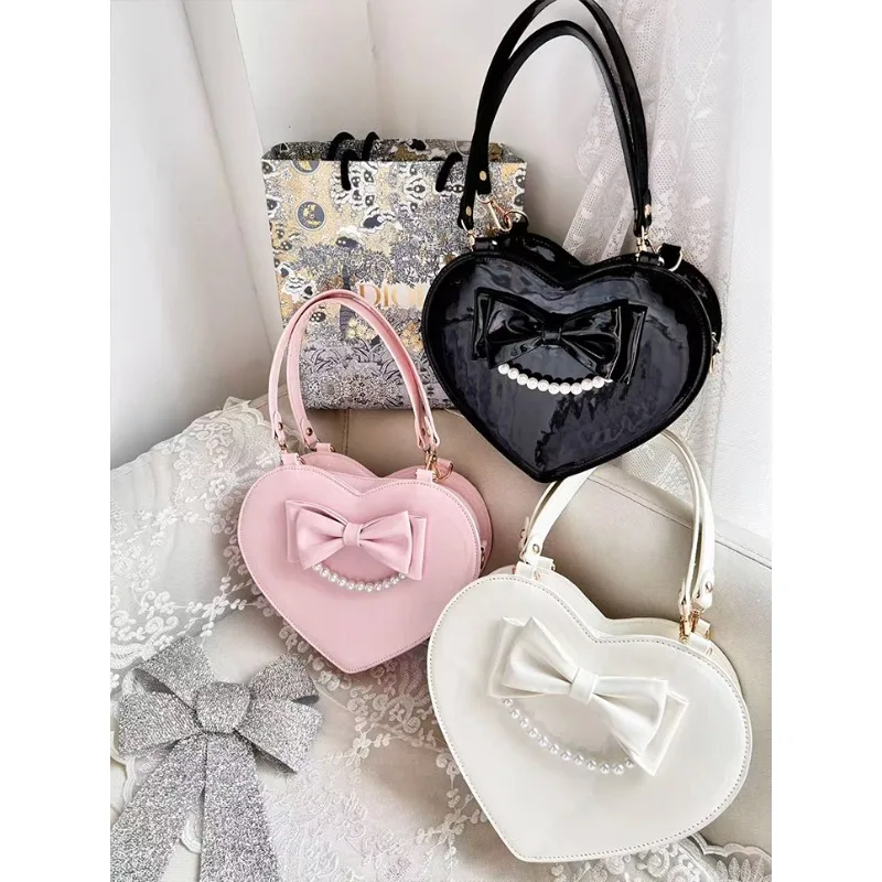 Japanese Sweet Cute Heart-shaped Lolita Bow Handbag for Women's Daily Lo Bag Love Single Shoulder Oblique Span Bags for Female