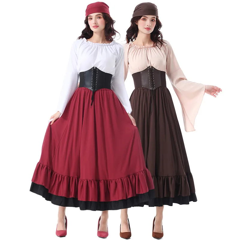 

Retro Medieval Pirate Dress Girl with Ruffled Edges Caribbean Pirate Costume Halloween Cosplay Performance Outfit