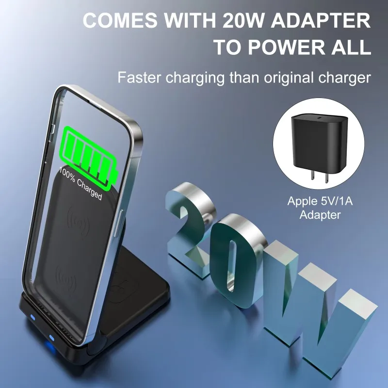 Wireless Charger 15W Fast Charge Magnetic Folding 2 in 1 for Iphone15 14 13 Pro Apple Watch9 8 7 6 5 Airpods Portable Charger