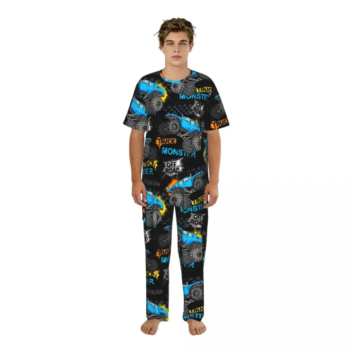 

Men's Casual Pajamas Sets Short Sleeve and Pants Sets Male Sleepwear Monster Truck Abstract Home Clothes