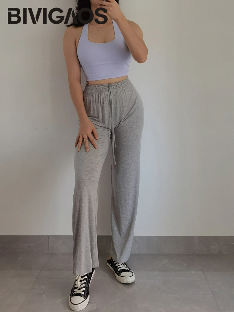 BIVIGAOS Summer Drawstring Ultra-thin Modal Wide Leg Pants Women High Waist Drape Casual Sport Pants Gray Sunscreen Fitness Pant