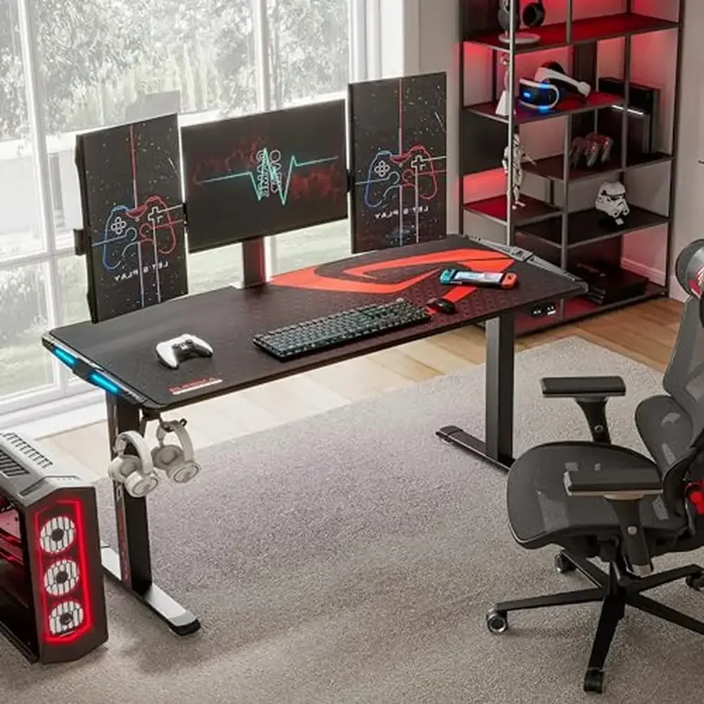 Electric Height Adjustable Gaming Desk with RGB LED Lights and Extended Gaming Space 65-Inch Large Standing Desk eSports Battle