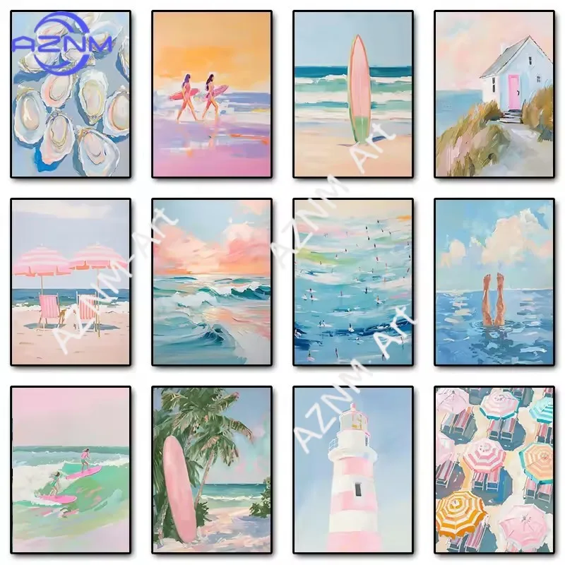 Pink Watercolor Ocean Waves Seascape Poster Oyster Shell Beach Umbrella Surfing Canvas Printing Wall Art Picture Home Decor