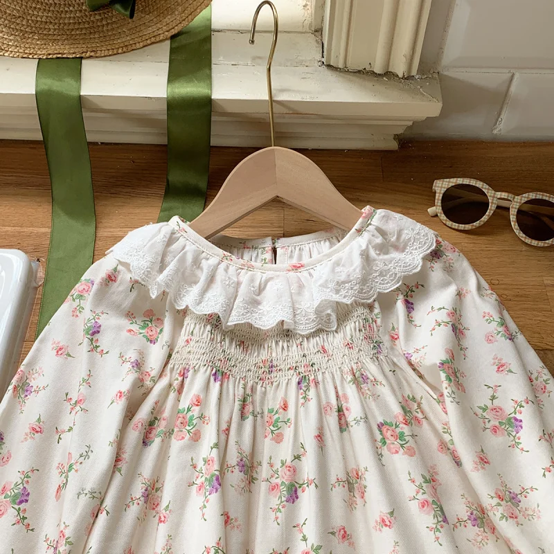 

Lace ruffle collar sweet girl dress2025Autumn Korean Style Floral Children's Cotton Cake Dress Princess Dress