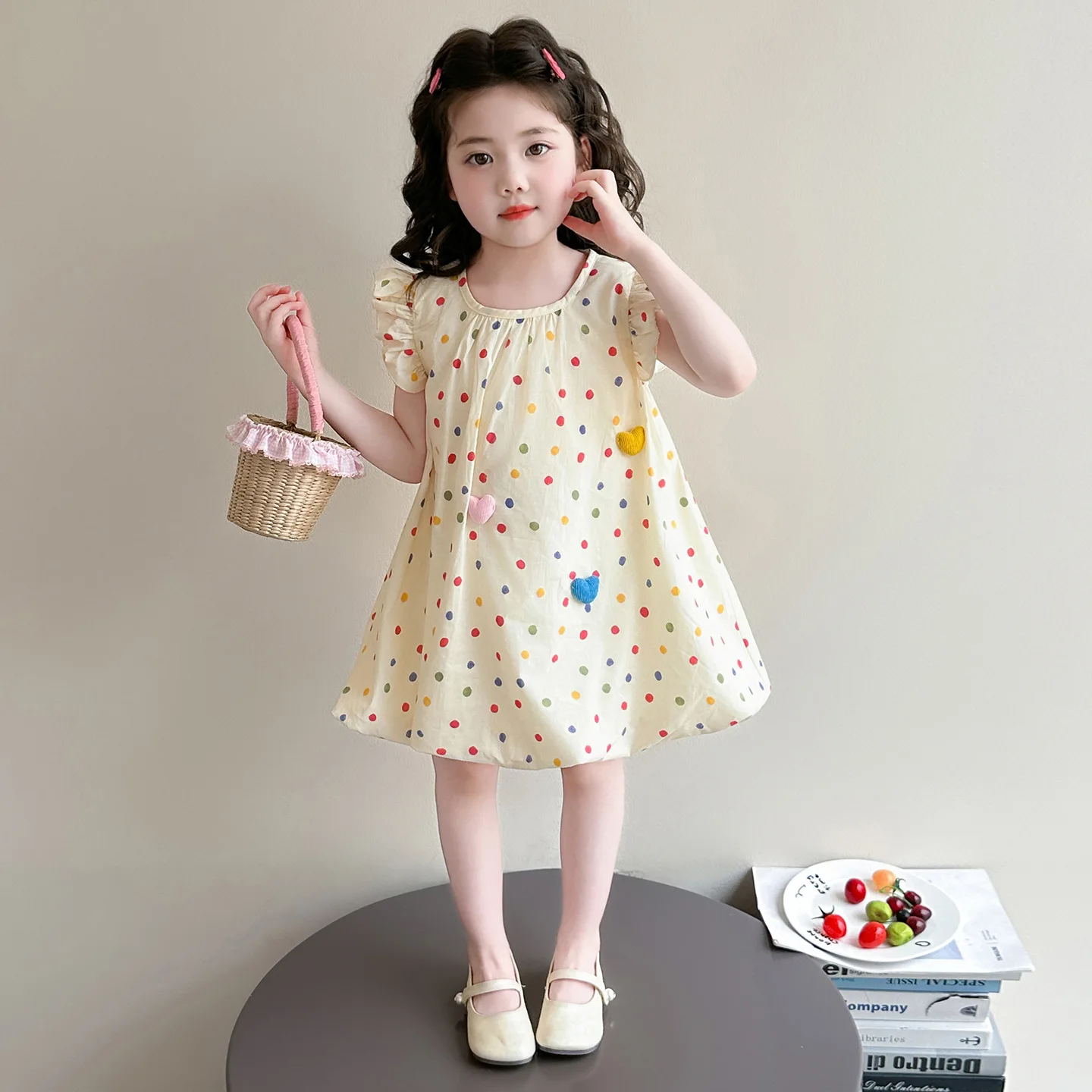 Girls Polka Dot Flutter Sleeve Dress Summer 2026 New Stylish Kids Korean Fashion Summer Outfit Baby Girl Princess Dress