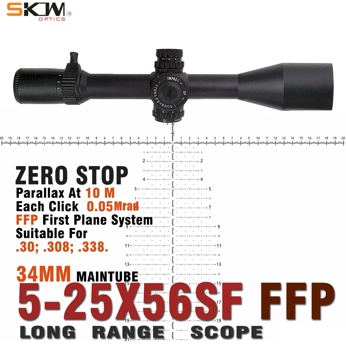 

Оптический прицел SKWoptics 5-25x56 FFP с первой фокальной плоскостью, 0.05 мили-радиуса (0.05 Mrad) для стрельбы на дальние дистанции, кольцо 34 мм, класс F