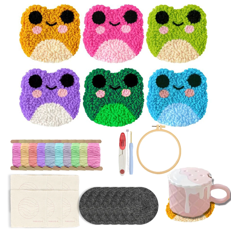 

GATYZTORY DIY Punch Needle Coasters Kit DIY 6pcs Frog Animal Pattern Punch Needle Embroidery Set Coaster Craft Unique Gift