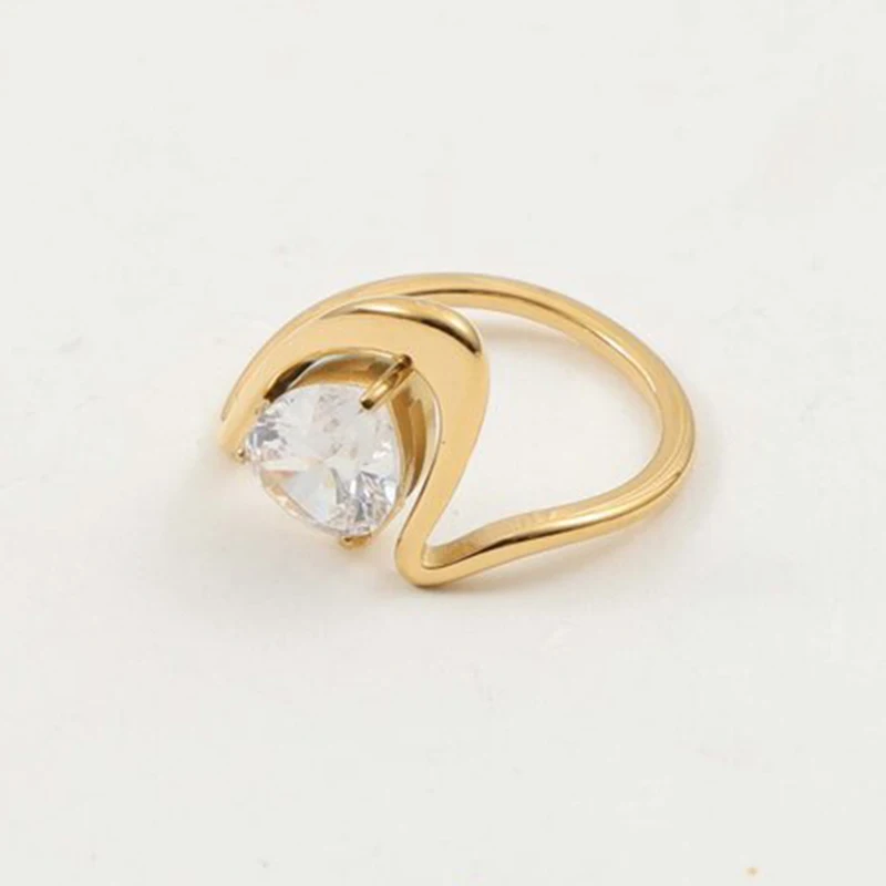PVD Gold Plated Stainless Steel Abstract Ring  Brilliant CZ Water Drop Stone Wedding Engagement Ring for Women