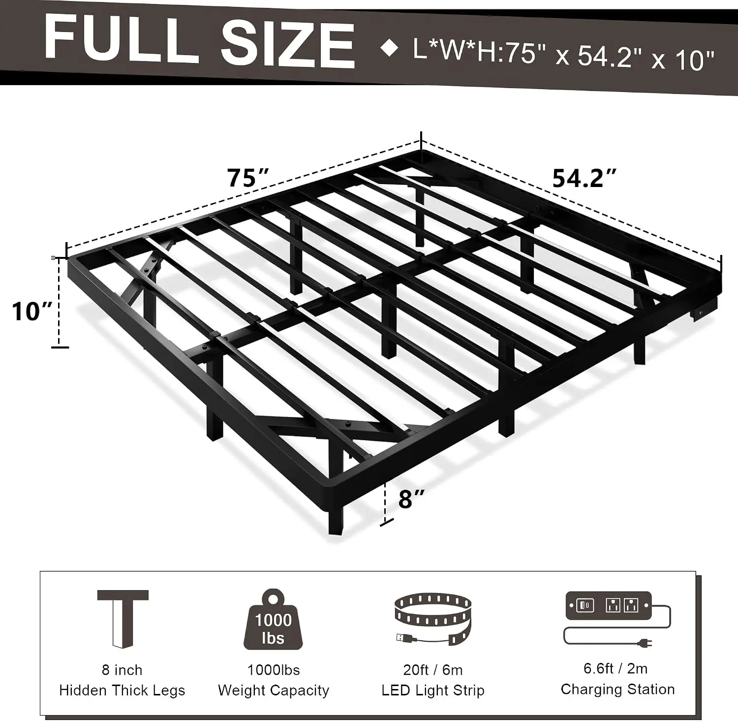 Full Size Floating Bed Frame with Charging Station and Led Lights, Metal Bed Frame with Heavy Duty Steel Slats Supports, No Box