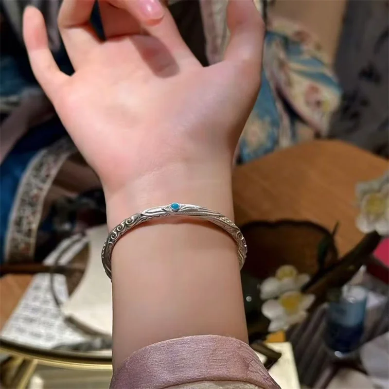 Women 999 Pure Silver Open Bangle Vintage Carved Turquoise Jewelry