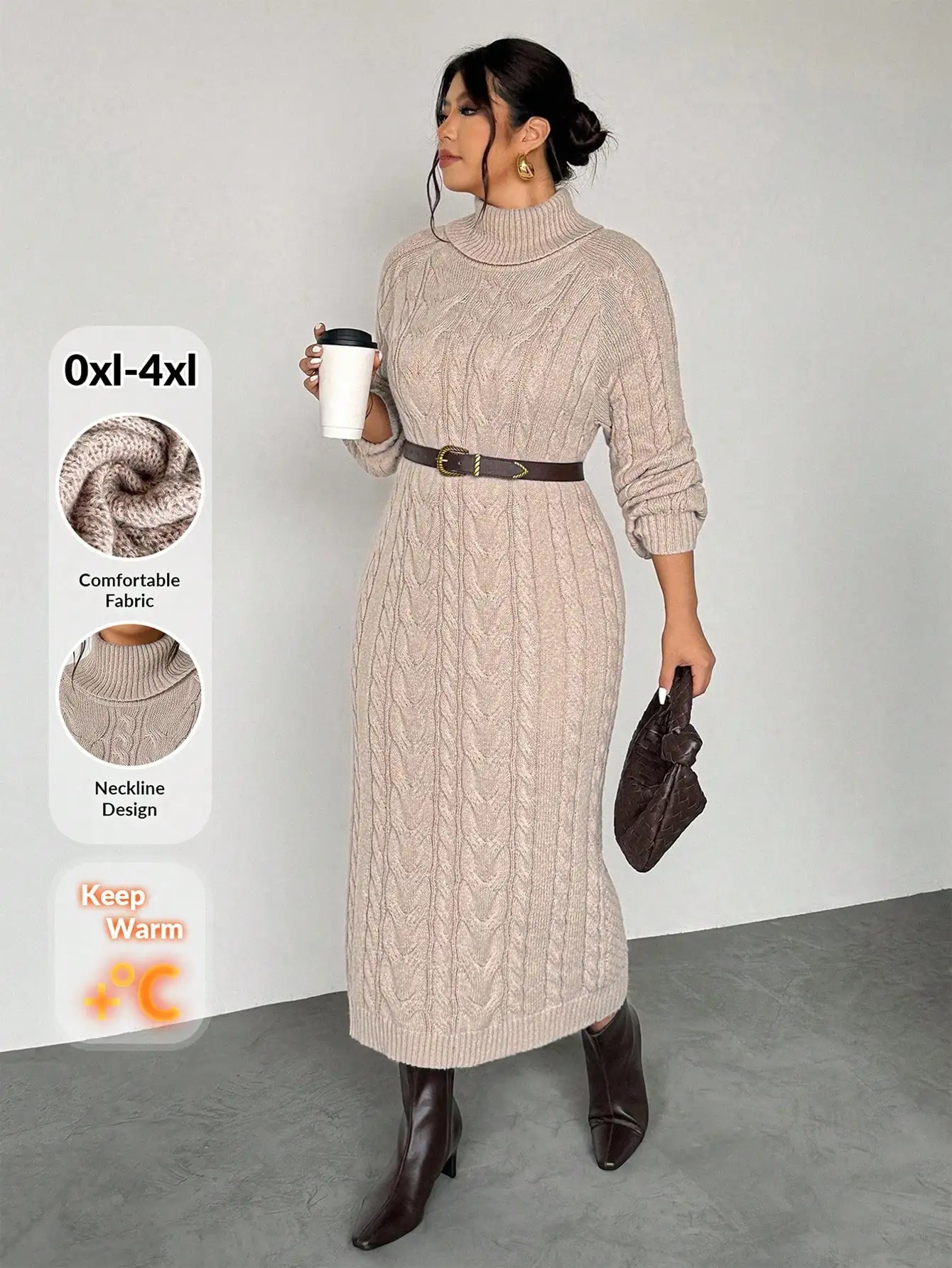 

Платье-свитер миди крупной вязки с высоким воротом и поясом — теплый осенне-зимний женский наряд