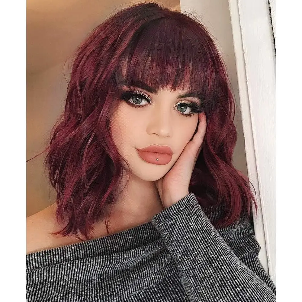 Curly Bob Wig with Natural Hair Short Wavy Wine Red Color Wigs for Women Bob Style Synthetic Heat Resistant Bob Wigs