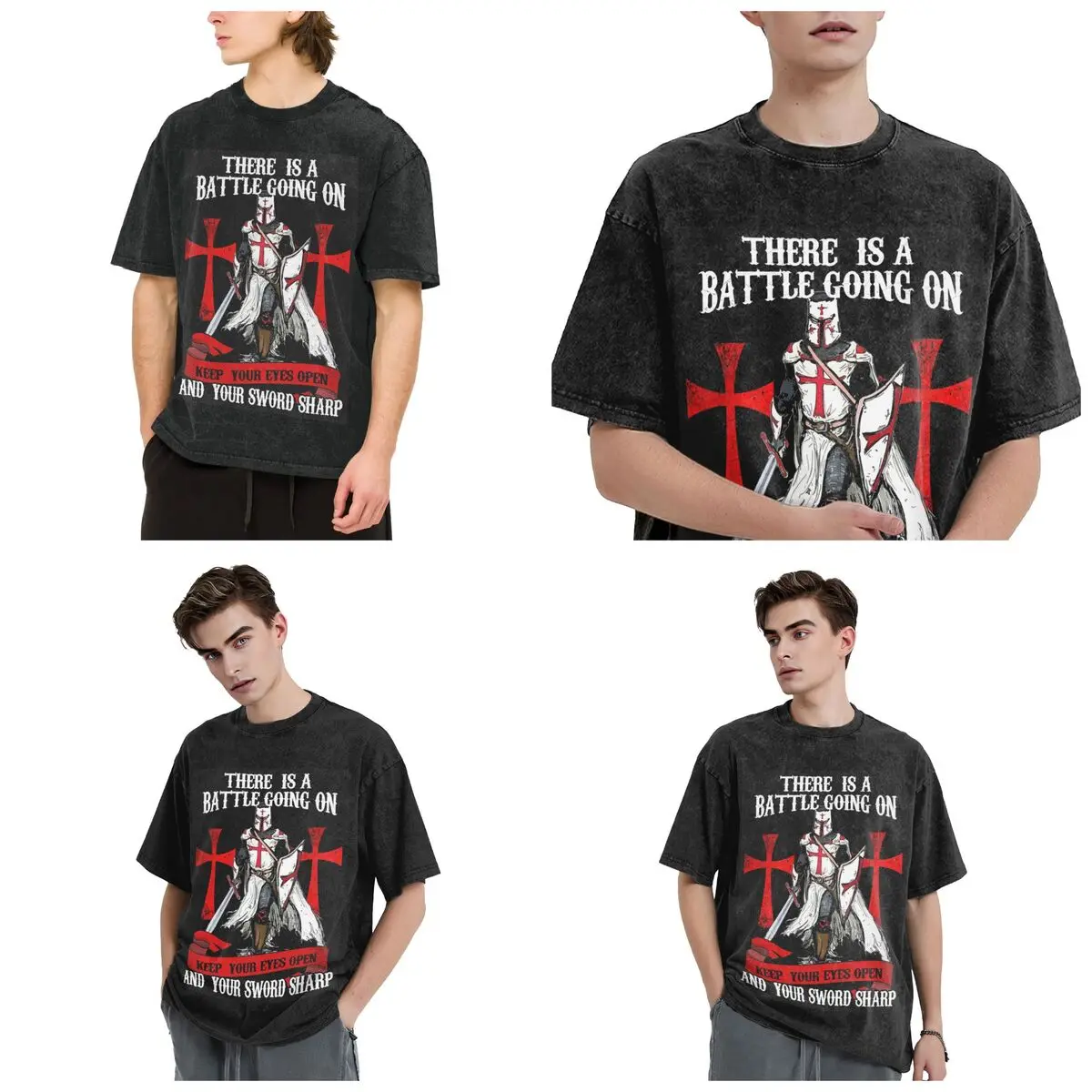 T-Shirts Knights Templar Cross Shield Symbol Medieval Sword Emblem Secret Order Washed T Shirt Short Sleeve Hip Hop T-Shirt