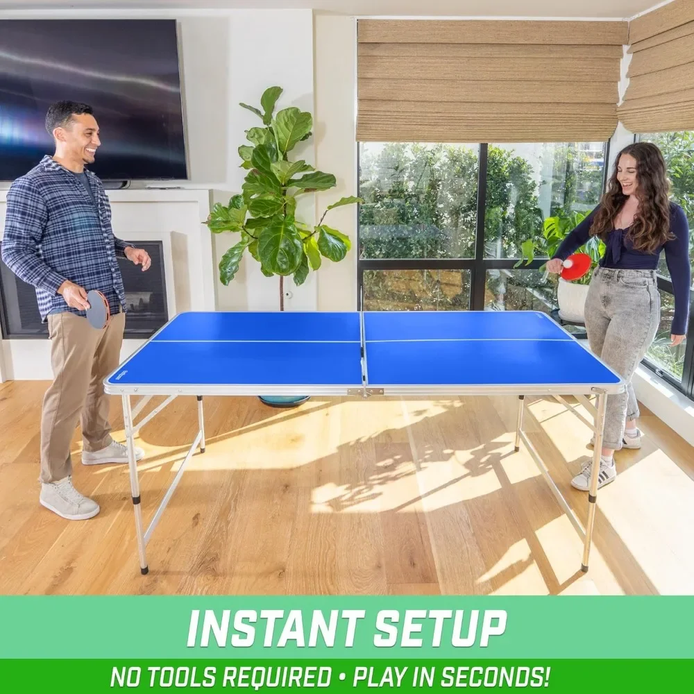 Table Tennis Table, 6 X 3 Ft Mid-Size Set with Adjustable Height, Bring Two Rackets and Four Balls, Foldable Ping Pong Table