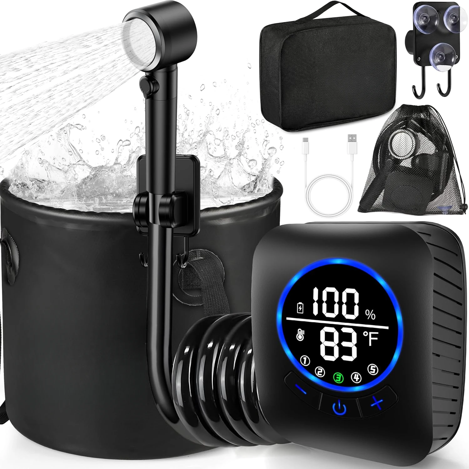 Portable Water Heater with Handheld Showerhead, Rechargeable Camping Shower Pump , 5 Pressure Modes Outdoor Shower Pump