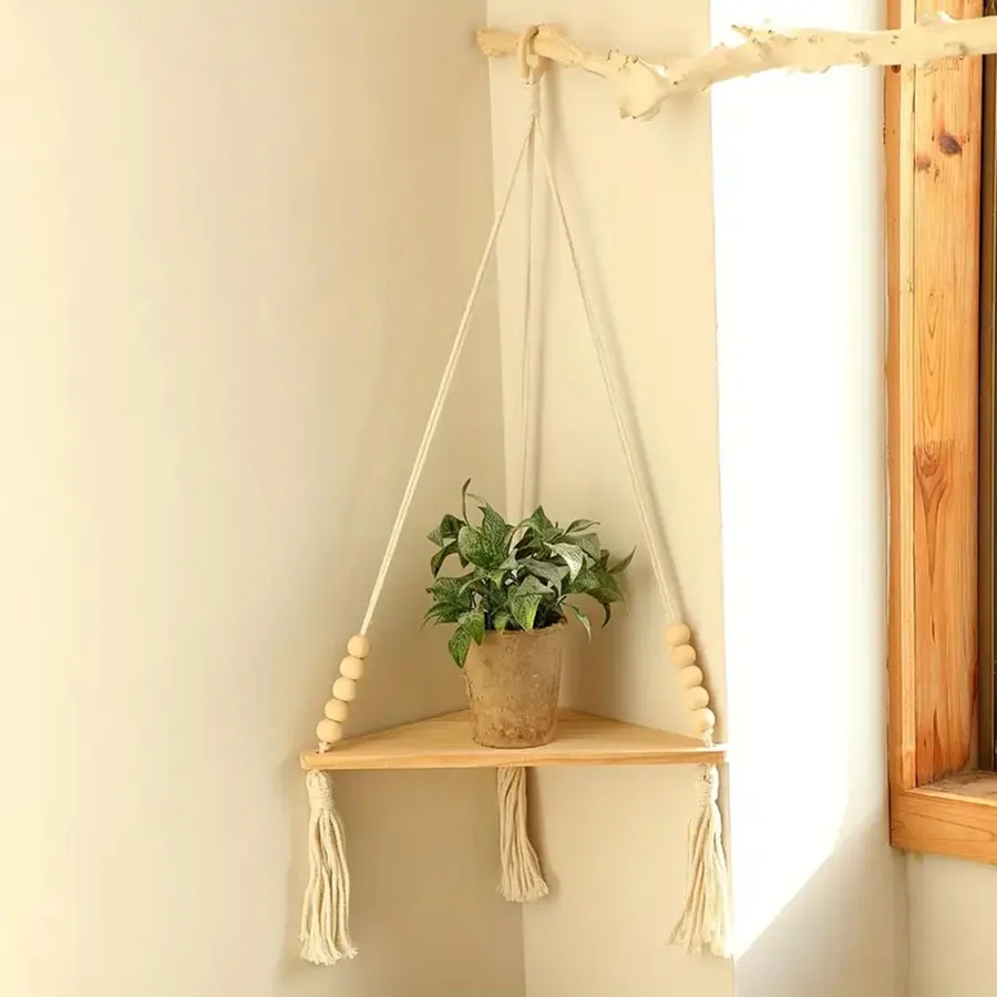 1 Stück Makramee-Hängeregal, Boho-Wanddekoration, handgefertigtes Seil, rustikale Holz-Schwimmregale, geeignet für Schlafzimmer-Studien-Dekoration