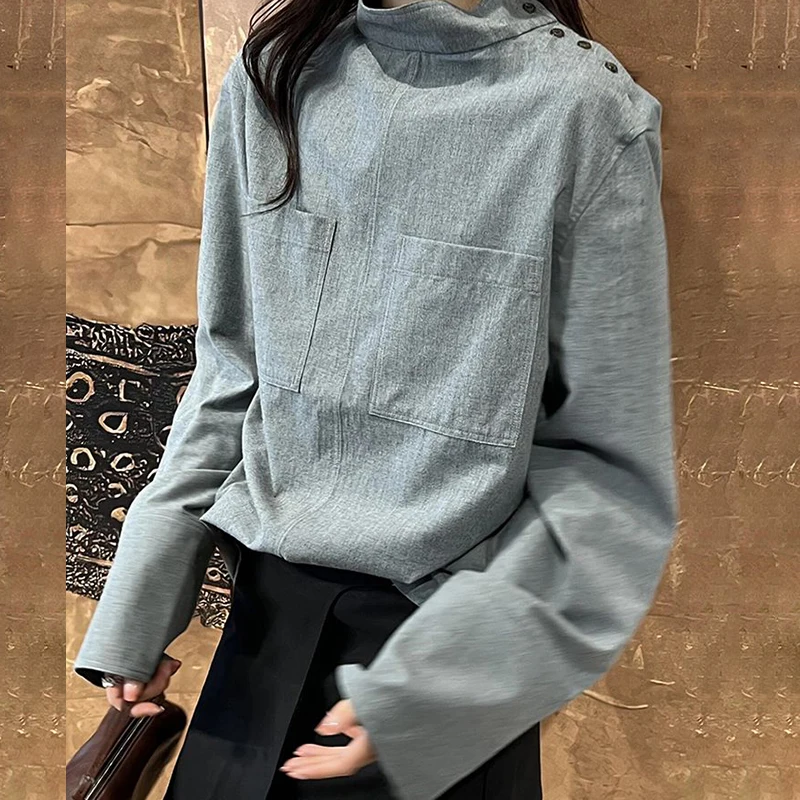 

Women's Early Autumn French Style Stand Collar Long Sleeve Shirt Minimalist Chic Unique Design Casual Loose Blouse Cool New Top