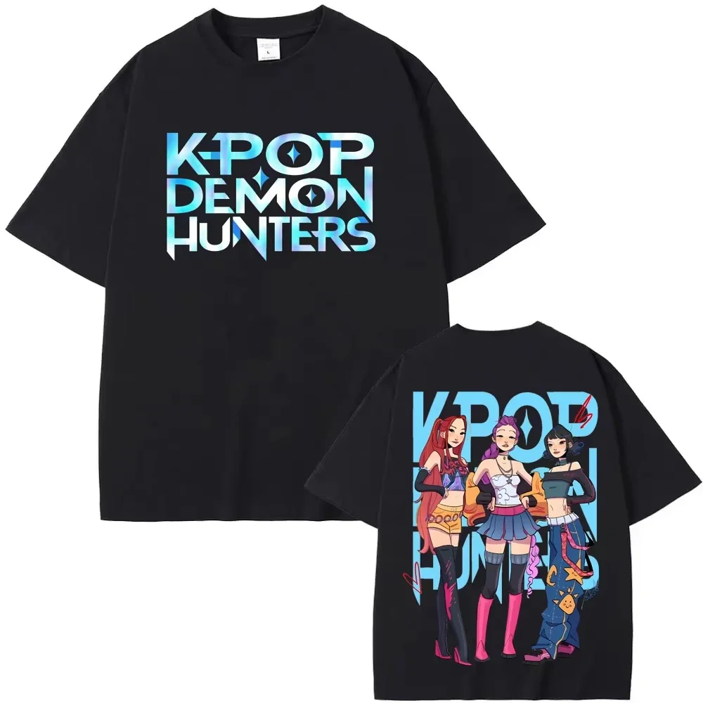 

KPop Demon Hunters футболка с графическим принтом в стиле хип-хоп, хлопковая футболка с коротким рукавом, готические топы, высокое качество, мужская и женская летняя футболка