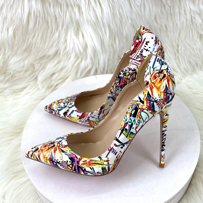 Graffiti design 8cm 10cm 12cm high heel pointed toe model show sexy multicolor photographic size 33-45 lady pumps QP201 ROVICIYA