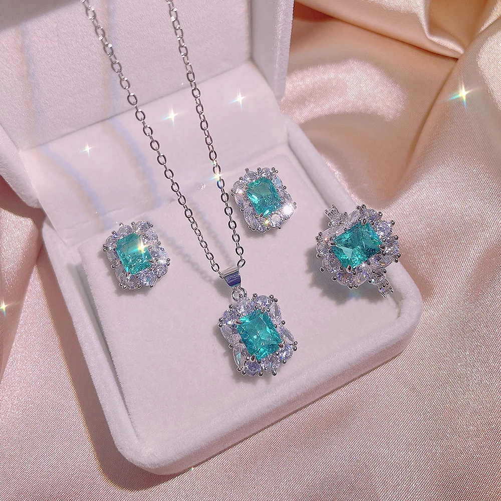 Women's Bling Bling Zircon Stud Earrings, Pendant & Adjustable Ring Set