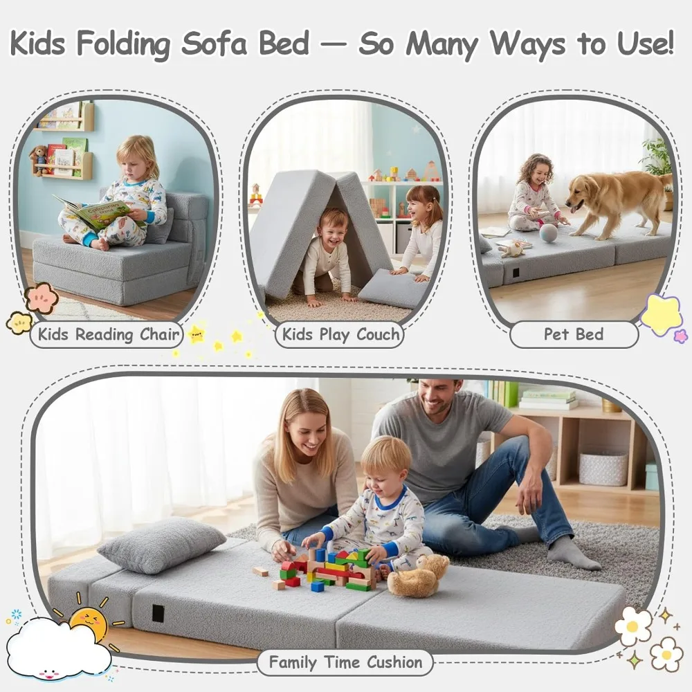 Convertible Folding Chair Bed Sleeper for Toddlers with Storage, Child Sofa Couch Futon, Fold-Up Mattress Bed for Kids
