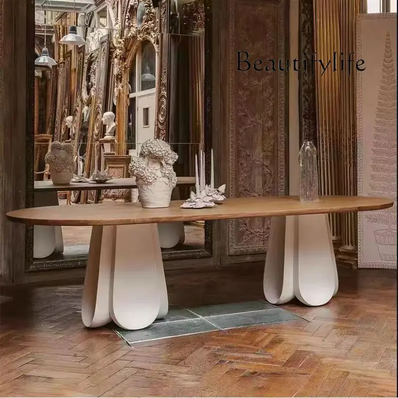 

Retro style oval solid wood dining table designer creative French household medieval cream style art