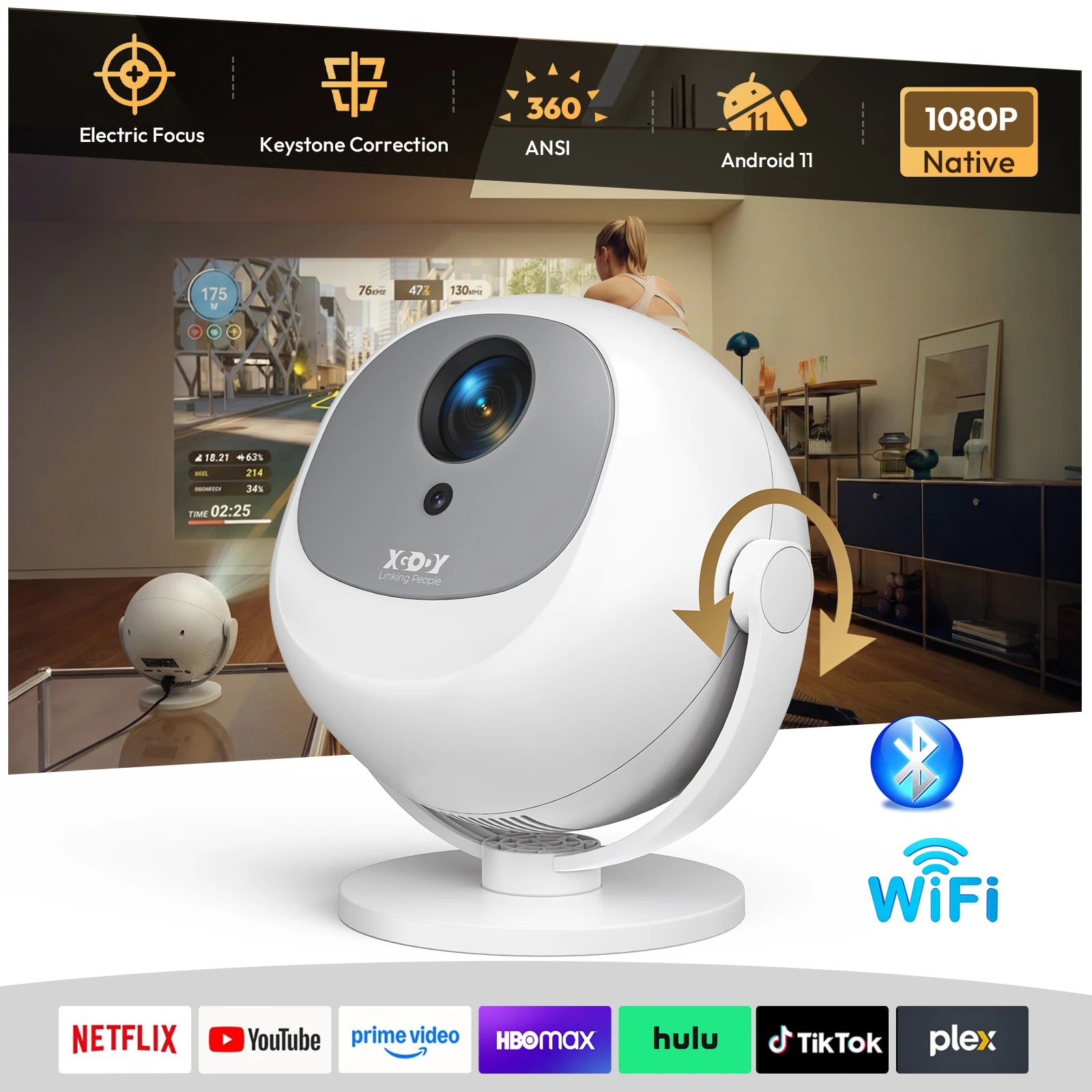 XGODY 360ANSI 4K Projector Native 720P Gimbal A2 Android Electicfocus Keystone Correction 1GB+8GB Projector Wifi6 BT5.2 Home Cinema Outdoor