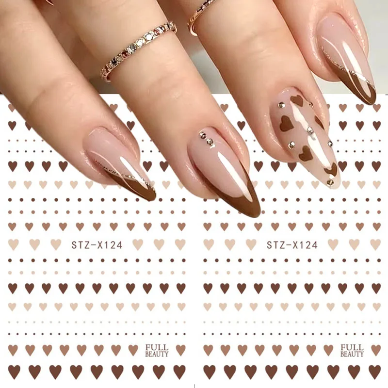 2pcs Cute Brown Heart Polka Dot Nail Art Stickers Mini Love Heart  Slider Decals for Fall Wedding Valentine Nail Designs Decor