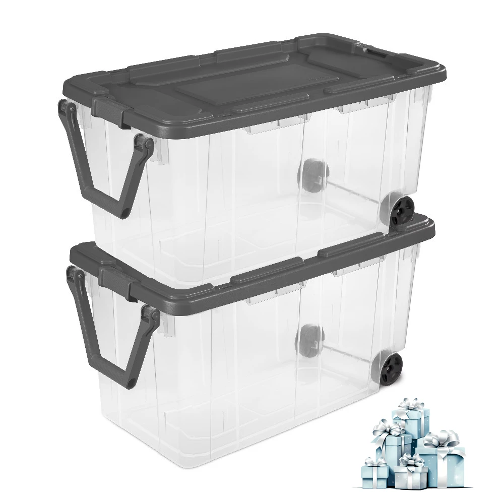

Набор из 2-х больших прозрачных пластиковых контейнеров для хранения объемом 160 кварт с колесами и защелкивающейся крышкой, серый, на колесиках, для гаража и дома